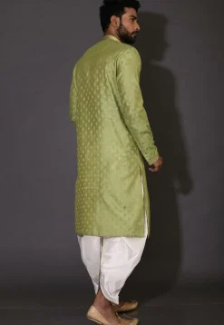 Hand Embroidered Neckline Cotton Silk Dhoti Kurta in Green