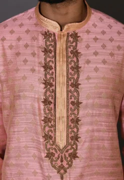 Hand Embroidered Neckline Cotton Silk Dhoti Kurta in Pink