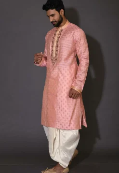 Hand Embroidered Neckline Cotton Silk Dhoti Kurta in Pink