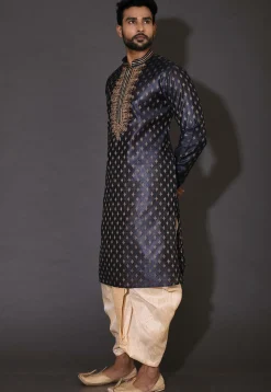 Hand Embroidered Neckline Cotton Silk Dhoti Kurta in Navy Blue