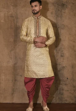 Hand Embroidered Neckline Art Silk Jacquard Kurta Set in Beige