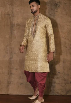 Hand Embroidered Neckline Art Silk Jacquard Kurta Set in Beige