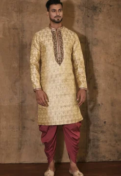 Hand Embroidered Neckline Art Silk Jacquard Kurta Set in Beige