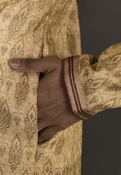 Hand Embroidered Neckline Art Silk Jacquard Kurta Set in Beige