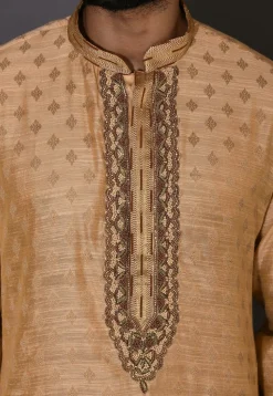 Hand Embroidered Neckline Cotton Silk Kurta Set in Beige