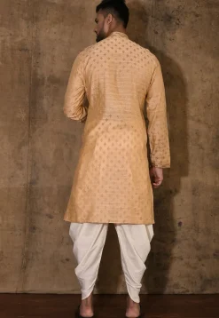 Hand Embroidered Neckline Cotton Silk Kurta Set in Beige