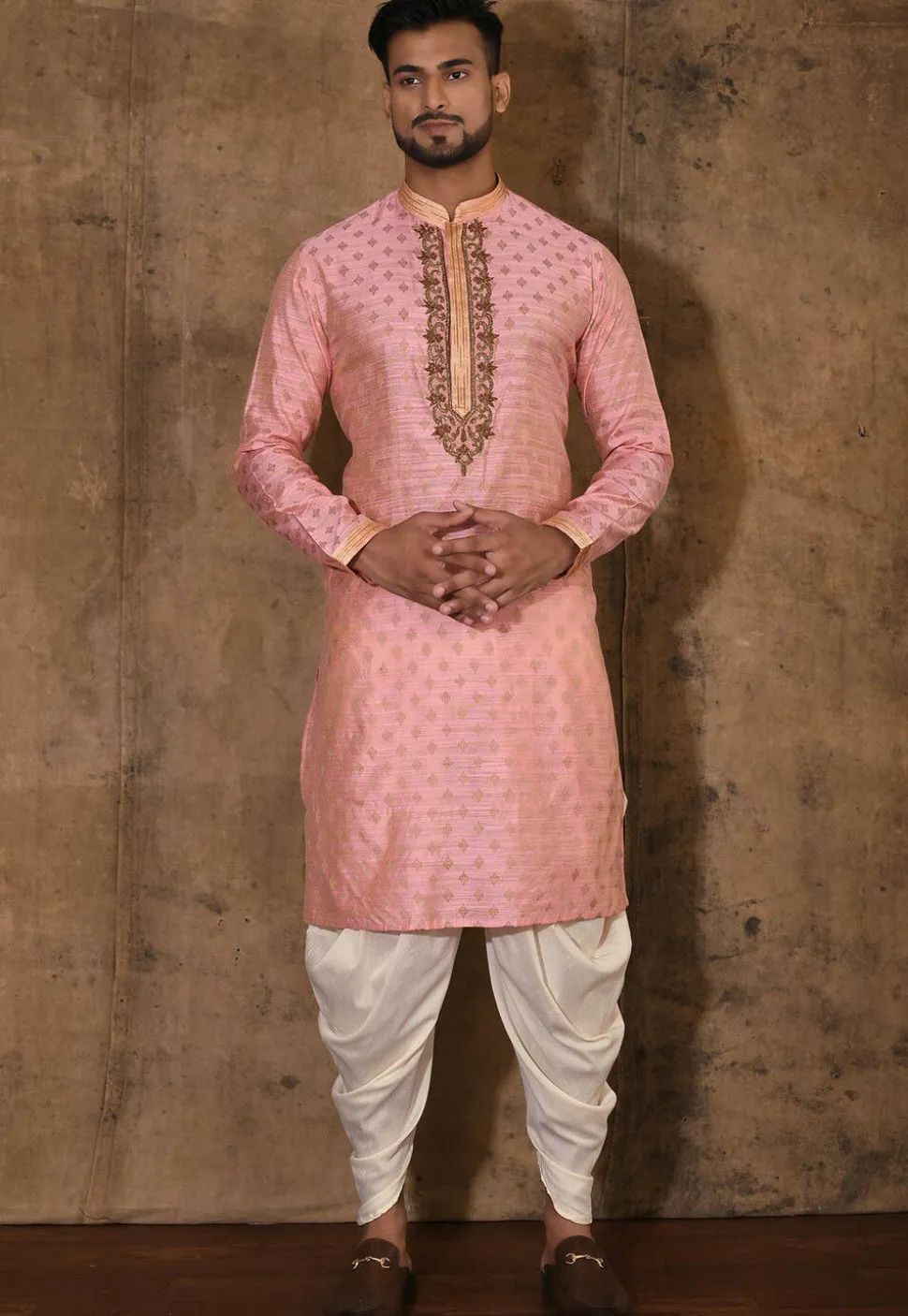 Hand Embroidered Neckline Cotton Silk Kurta Set in Pink