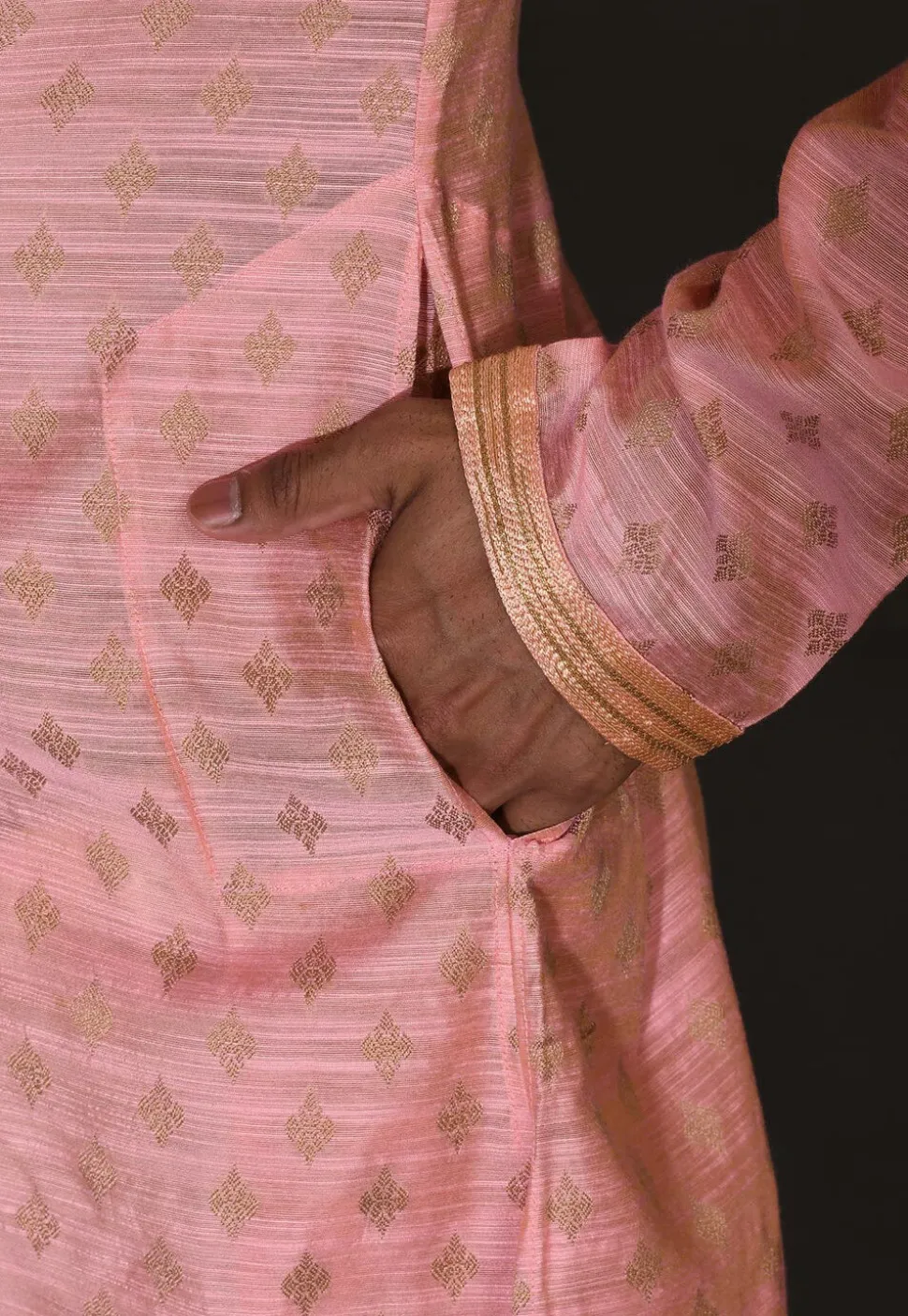 Hand Embroidered Neckline Cotton Silk Kurta Set in Pink