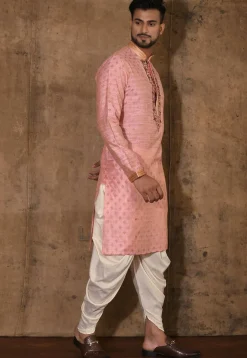 Hand Embroidered Neckline Cotton Silk Kurta Set in Pink