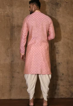 Hand Embroidered Neckline Cotton Silk Kurta Set in Pink