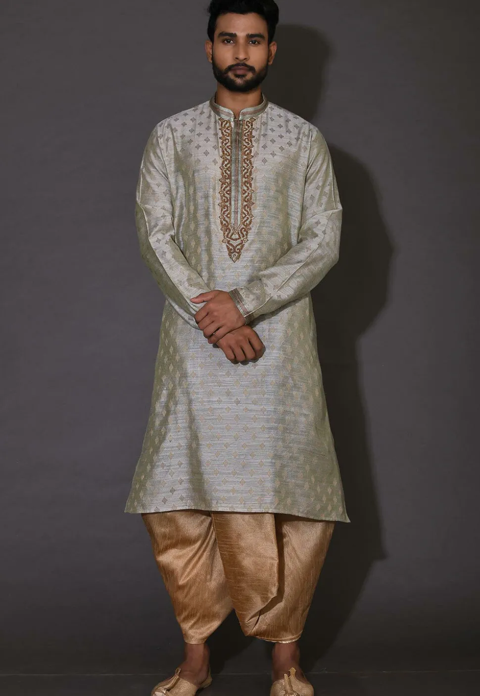 Hand Embroidered Neckline Cotton Silk Dhoti Kurta in Grey