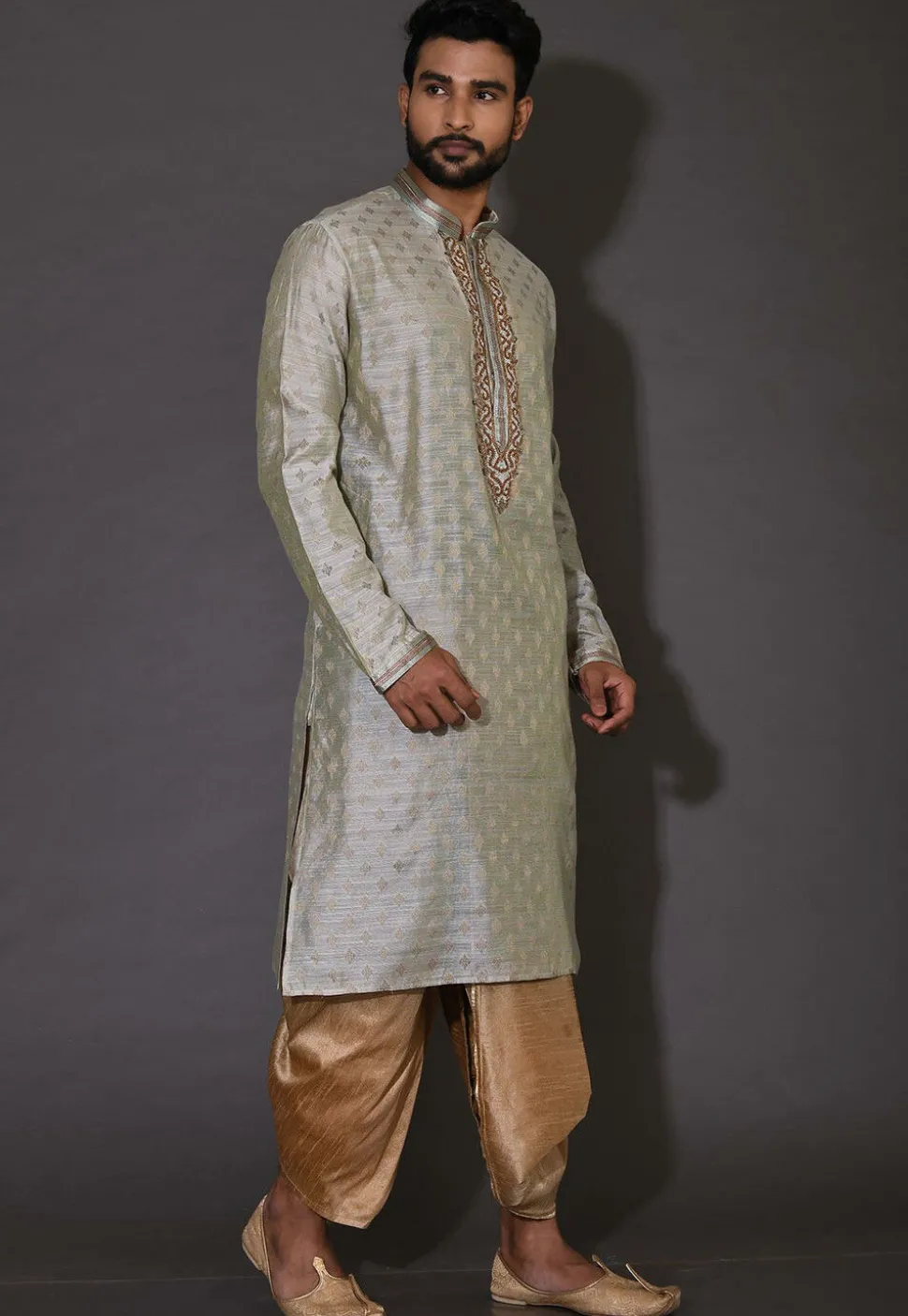 Hand Embroidered Neckline Cotton Silk Dhoti Kurta in Grey