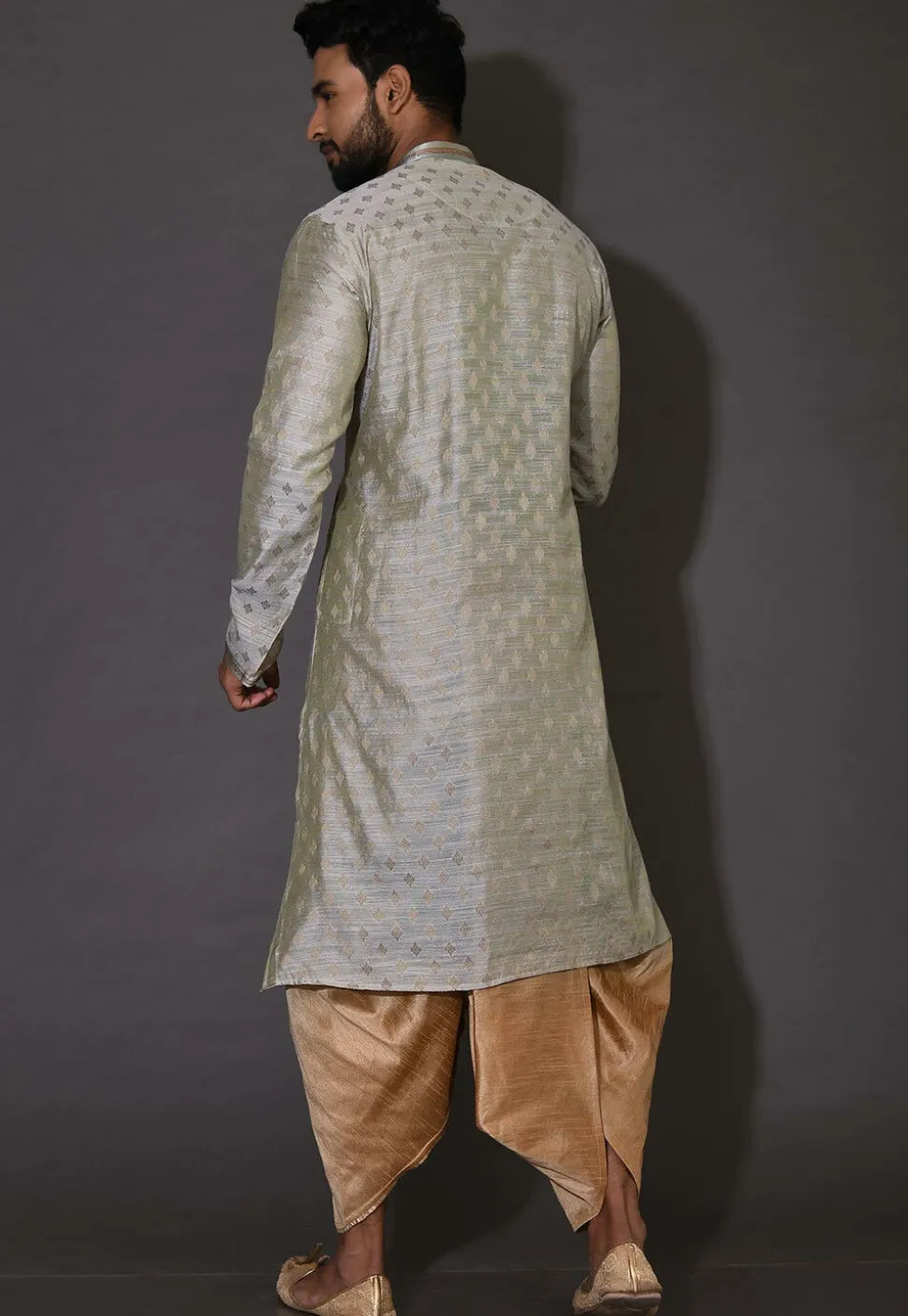 Hand Embroidered Neckline Cotton Silk Dhoti Kurta in Grey