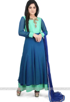 Hand Embroidered Neckline Georgette Abaya Style Suit in Teal Blue