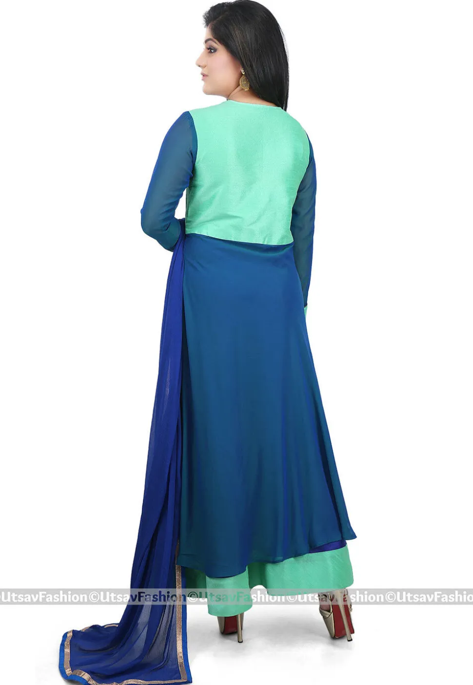 Hand Embroidered Neckline Georgette Abaya Style Suit in Teal Blue