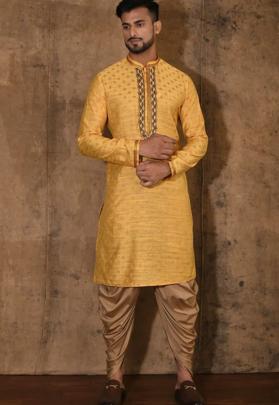 Hand Embroidered Neckline Cotton Silk Kurta Set in Yellow