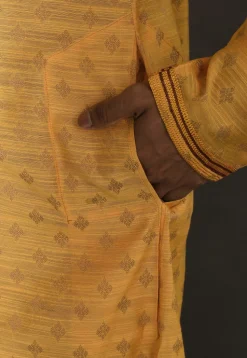 Hand Embroidered Neckline Cotton Silk Kurta Set in Yellow