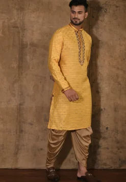 Hand Embroidered Neckline Cotton Silk Kurta Set in Yellow