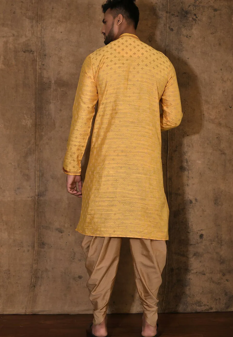 Hand Embroidered Neckline Cotton Silk Kurta Set in Yellow