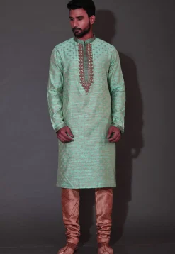 Hand Embroidered Neckline Cotton Silk Kurta in Turquoise