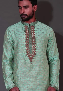 Hand Embroidered Neckline Cotton Silk Kurta in Turquoise