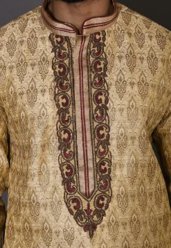 Hand Embroidered Neckline Art Silk Dhoti Kurta in Beige