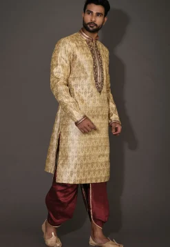 Hand Embroidered Neckline Art Silk Dhoti Kurta in Beige