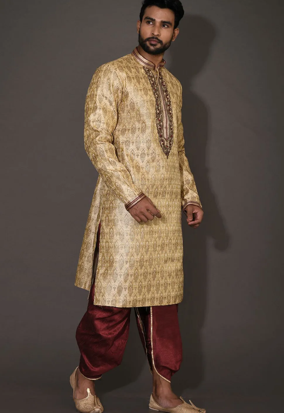 Hand Embroidered Neckline Art Silk Dhoti Kurta in Beige