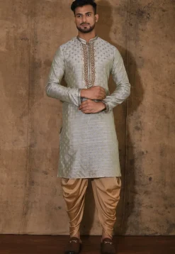 Hand Embroidered Neckline Cotton Silk Kurta Set in Grey