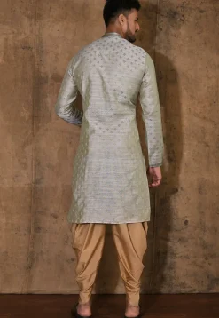 Hand Embroidered Neckline Cotton Silk Kurta Set in Grey