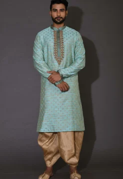 Hand Embroidered Neckline Cotton Silk Dhoti Kurta in Turquoise