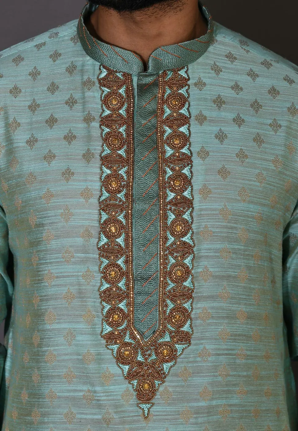 Hand Embroidered Neckline Cotton Silk Dhoti Kurta in Turquoise
