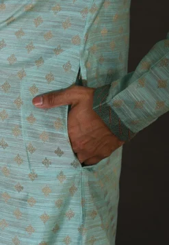 Hand Embroidered Neckline Cotton Silk Dhoti Kurta in Turquoise