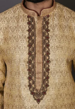 Hand Embroidered Neckline Art Silk Dhoti Kurta in Beige