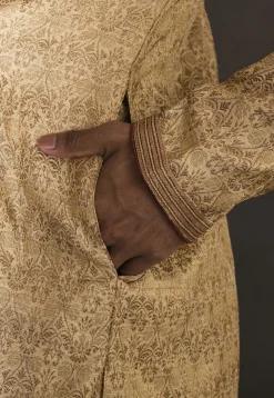 Hand Embroidered Neckline Art Silk Dhoti Kurta in Beige