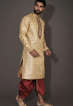 Hand Embroidered Neckline Art Silk Dhoti Kurta in Beige