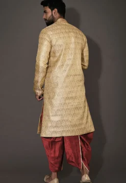 Hand Embroidered Neckline Art Silk Dhoti Kurta in Beige