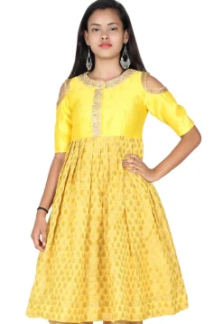 Hand Embroidered Neckline Chanderi Silk Pleated Kurti in Yellow