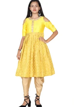 Hand Embroidered Neckline Chanderi Silk Pleated Kurti in Yellow