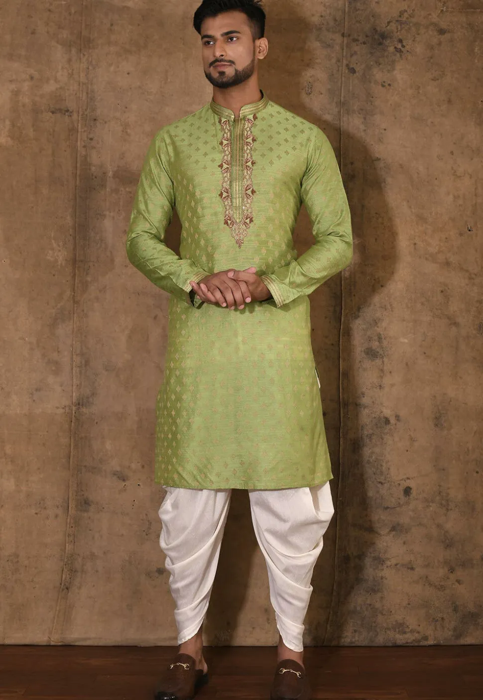 Hand Embroidered Neckline Cotton Silk Kurta Set in Green