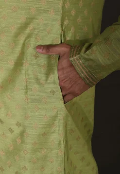 Hand Embroidered Neckline Cotton Silk Kurta Set in Green