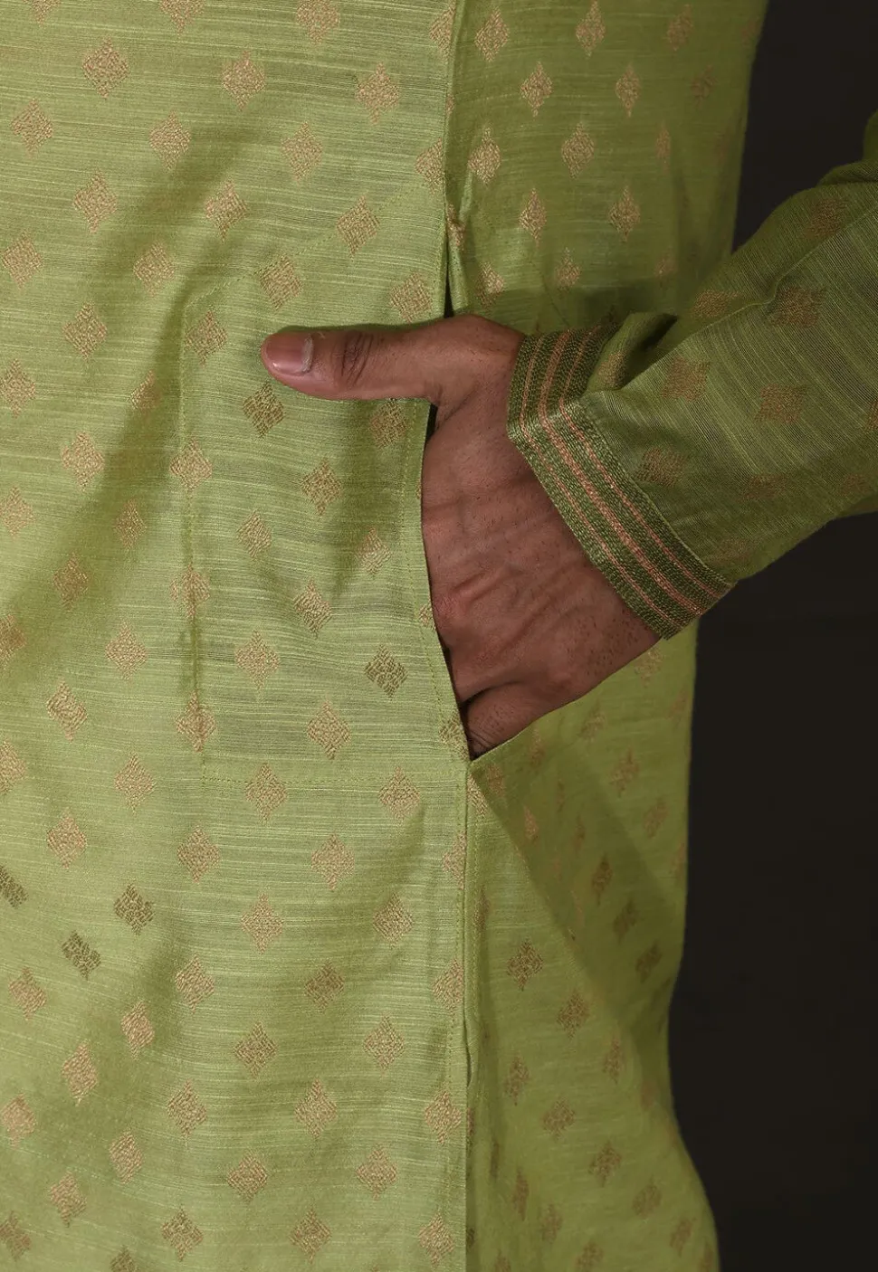 Hand Embroidered Neckline Cotton Silk Kurta Set in Green