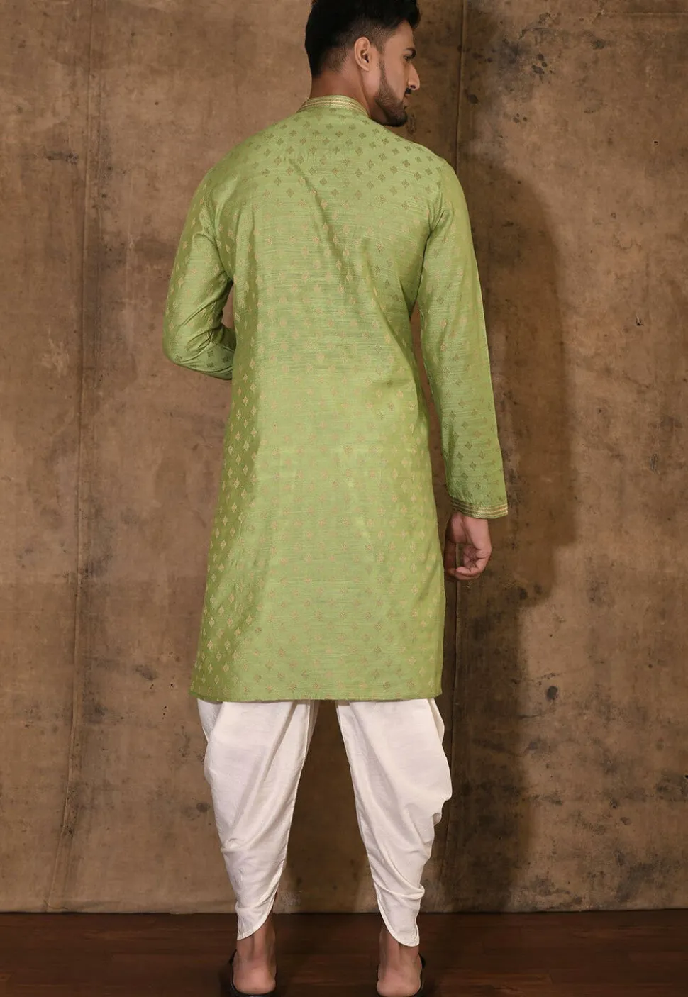 Hand Embroidered Neckline Cotton Silk Kurta Set in Green