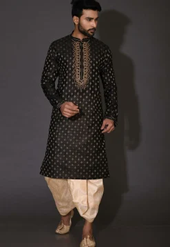 Hand Embroidered Neckline Cotton Silk Dhoti Kurta in Black