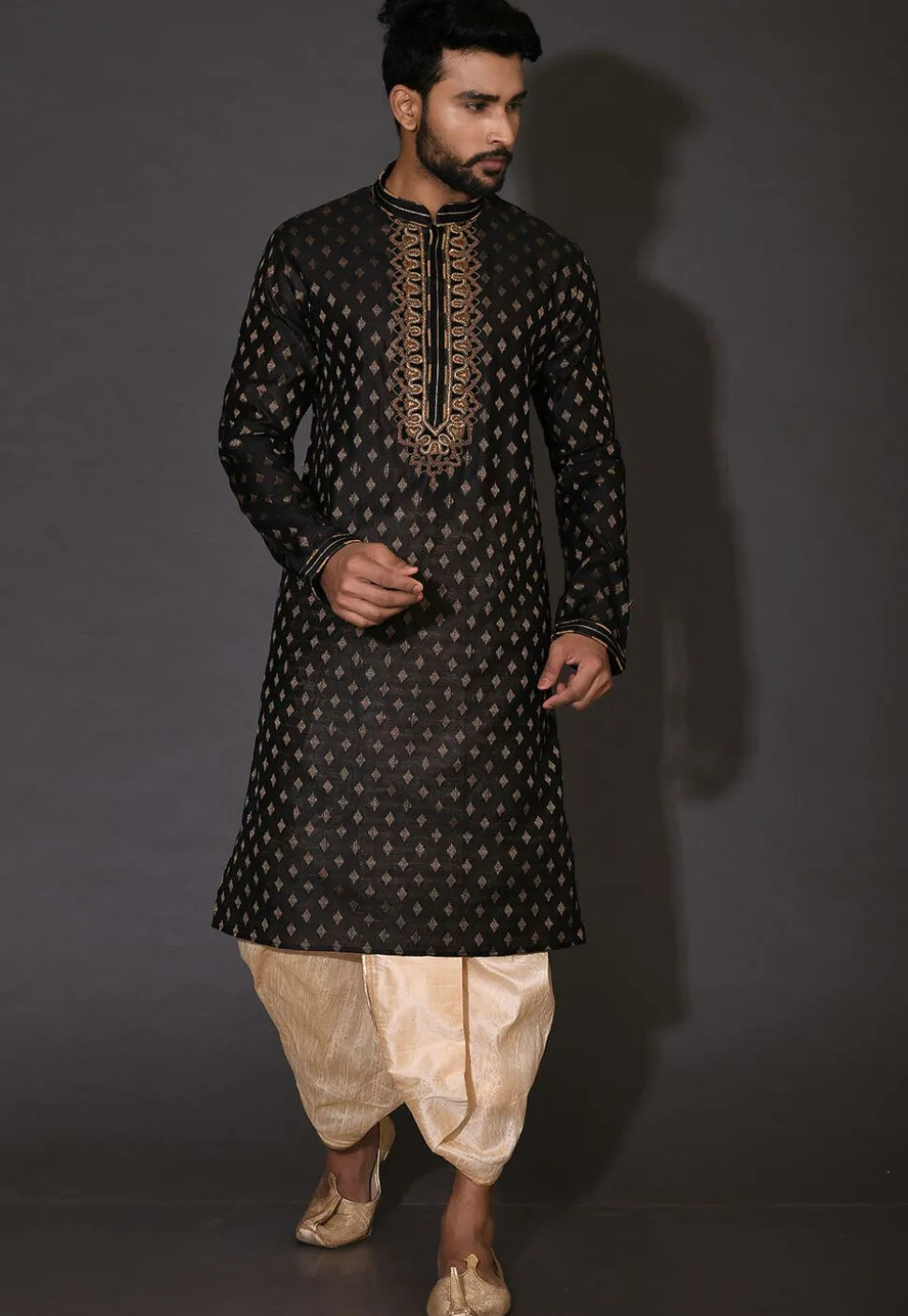 Hand Embroidered Neckline Cotton Silk Dhoti Kurta in Black