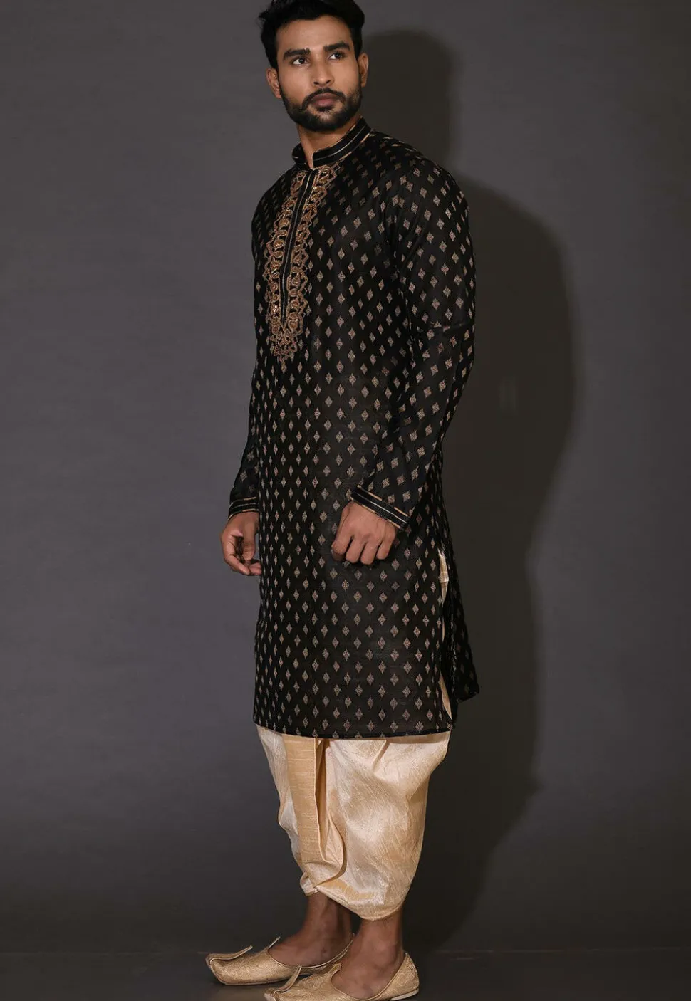 Hand Embroidered Neckline Cotton Silk Dhoti Kurta in Black