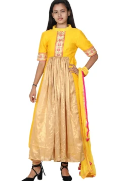 Hand Embroidered Neckline Georgette A Line Suit in Yellow and Golden