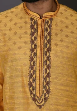 Hand Embroidered Neckline Cotton Silk Dhoti Kurta in Yellow