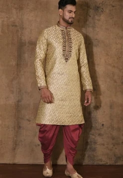 Hand Embroidered Neckline Art Silk Jacquard Kurta Set in Beige