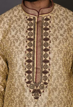 Hand Embroidered Neckline Art Silk Dhoti Kurta in Beige